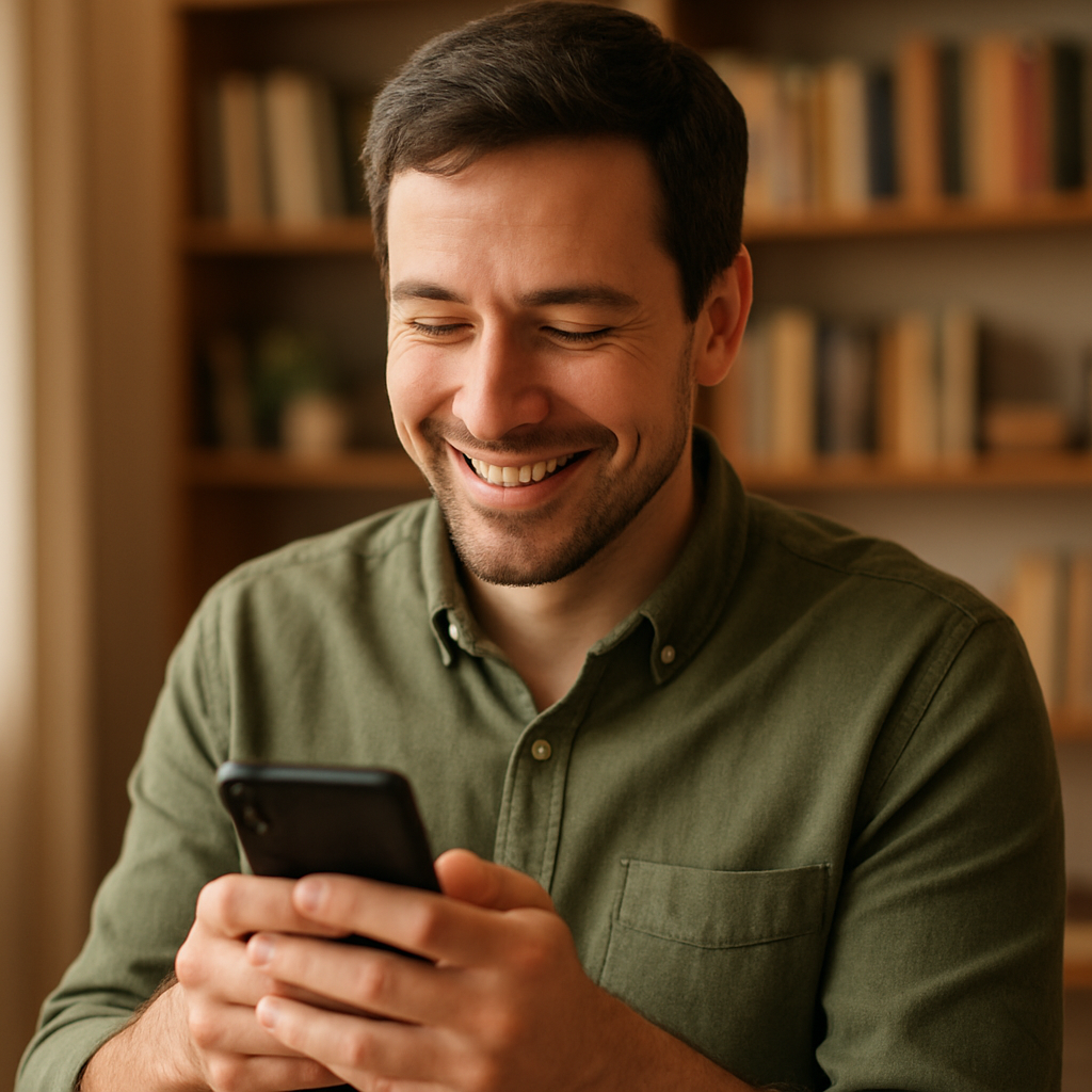 A friendly customer smiling while using their phone